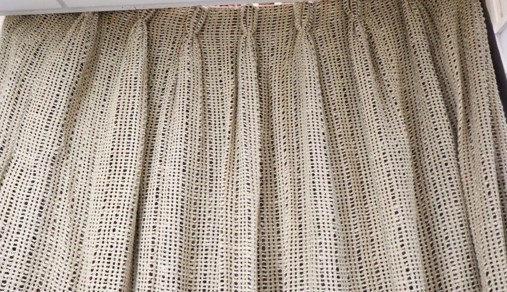 1970's hessian fabric and brown leather curtains, with Paisley fabric trimmed edges.